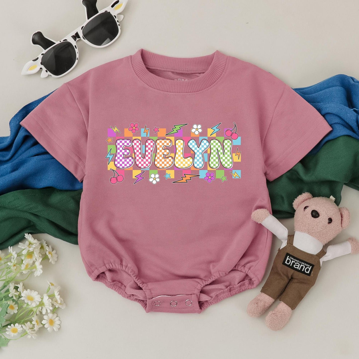 Personalized Checkered Name Bubble Romper Colorful Baby Girl Outfit Custom Name First Birthday Clothes Baby Shower Gift
