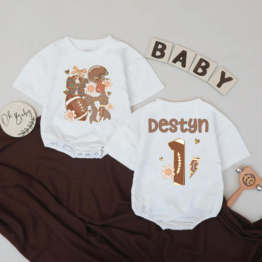 Personalized Football Baby Boy Romper 1st Birthday Outfit Custom Name Floral Football Sports Baby Clothes One Year Down Gift