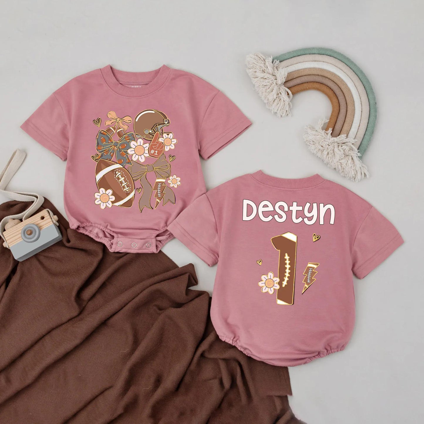 Personalized Football Baby Boy Romper 1st Birthday Outfit Custom Name Floral Football Sports Baby Clothes One Year Down Gift