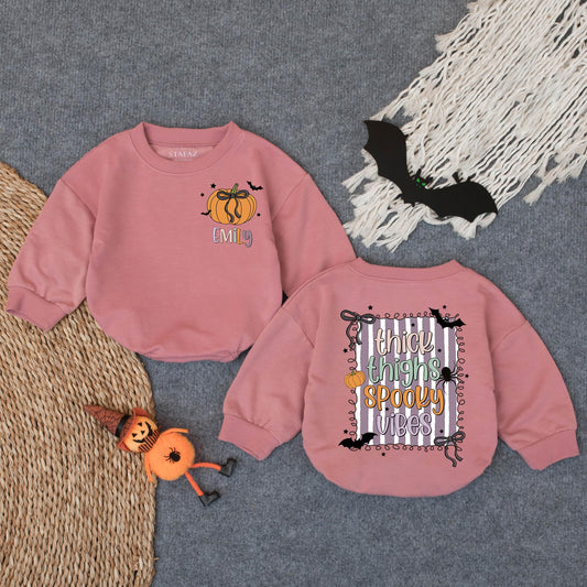 Custom Thick Thighs Spooky Vibes Bubble Romper Personalized Halloween Baby Bodysuit Funny Ghost Outfit Trick or Treat Gift