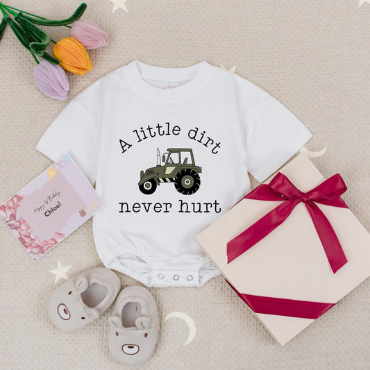 A Little Dirt Never Hurt Tractor Baby Boy Romper Country Farm Newborn Announcement Bodysuit Trendy Outdoor Play Gift