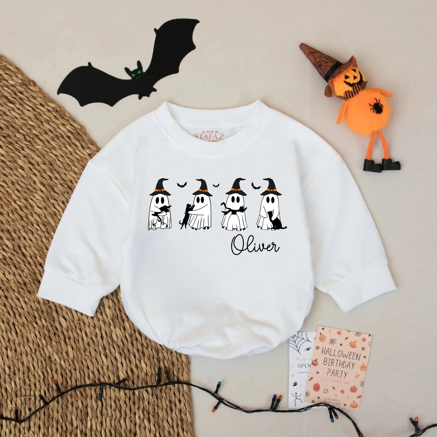 Ghost Crew Cats Baby Romper Custom Halloween Outfit Personalized Fall Name Gift Spooky Season Infant Wear
