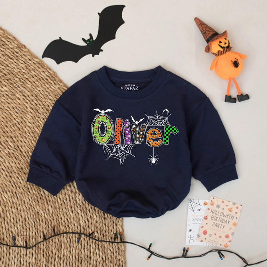 Oliver's Spooky Halloween Romper: Custom Name Spiderweb Bodysuit - Personalized Baby Outfit with Bats, Pumpkins & Candy - Festive Infant Costume Gift
