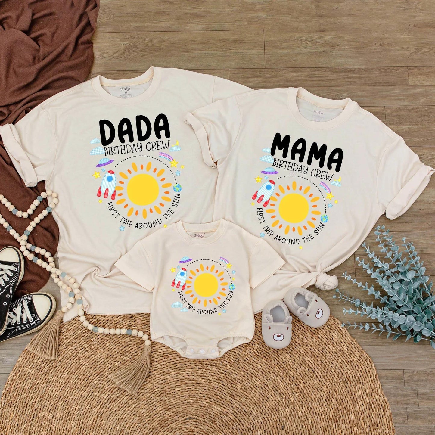 Custom First Trip Around The Sun Birthday Girl Shirt Matching Family Party Tees Sun Outfit Pink Purple Blue