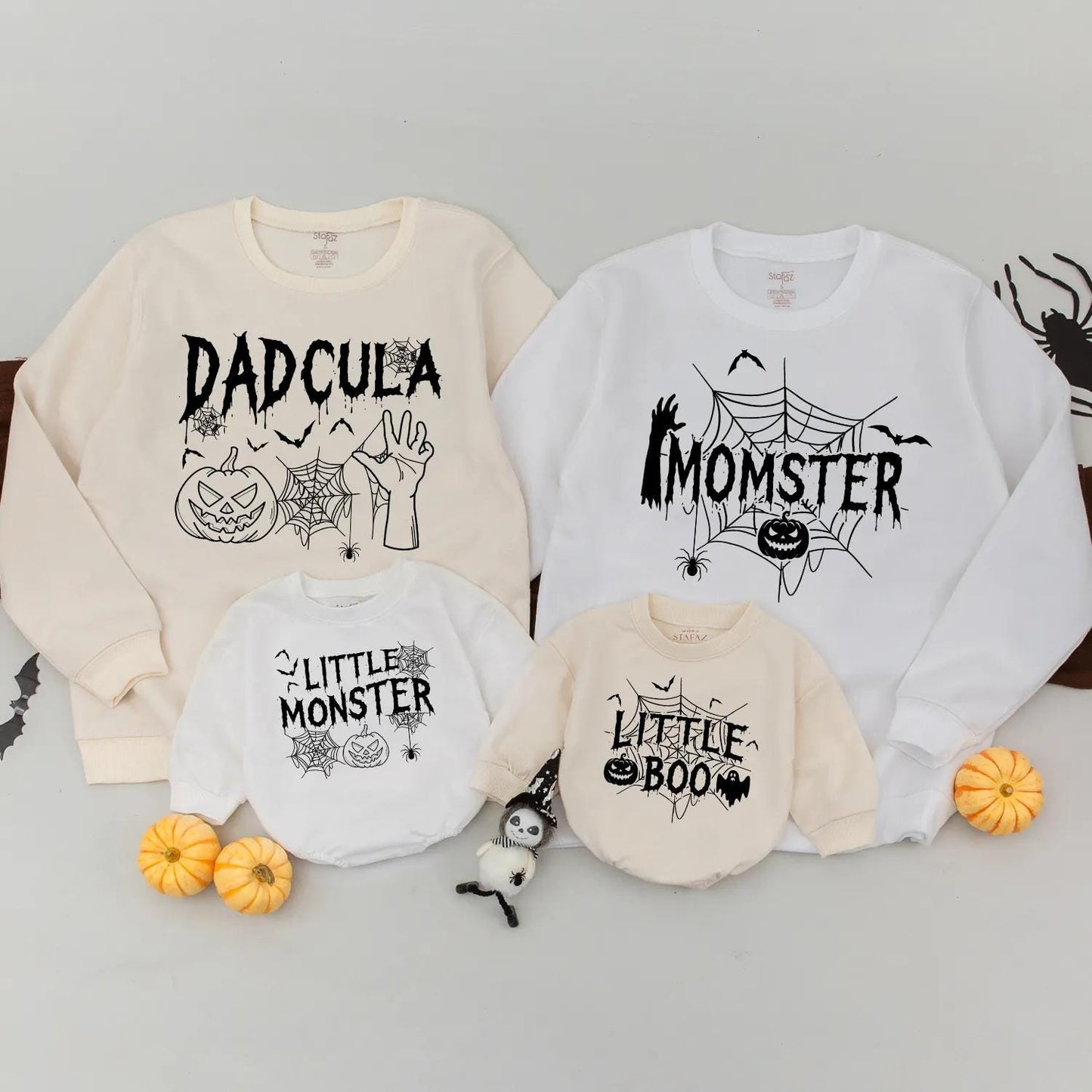 Dadcula Momster Little Monster Halloween Family Matching Sweatshirts and Little Boo Romper for Spooky Season Pumpkin Patch Parties