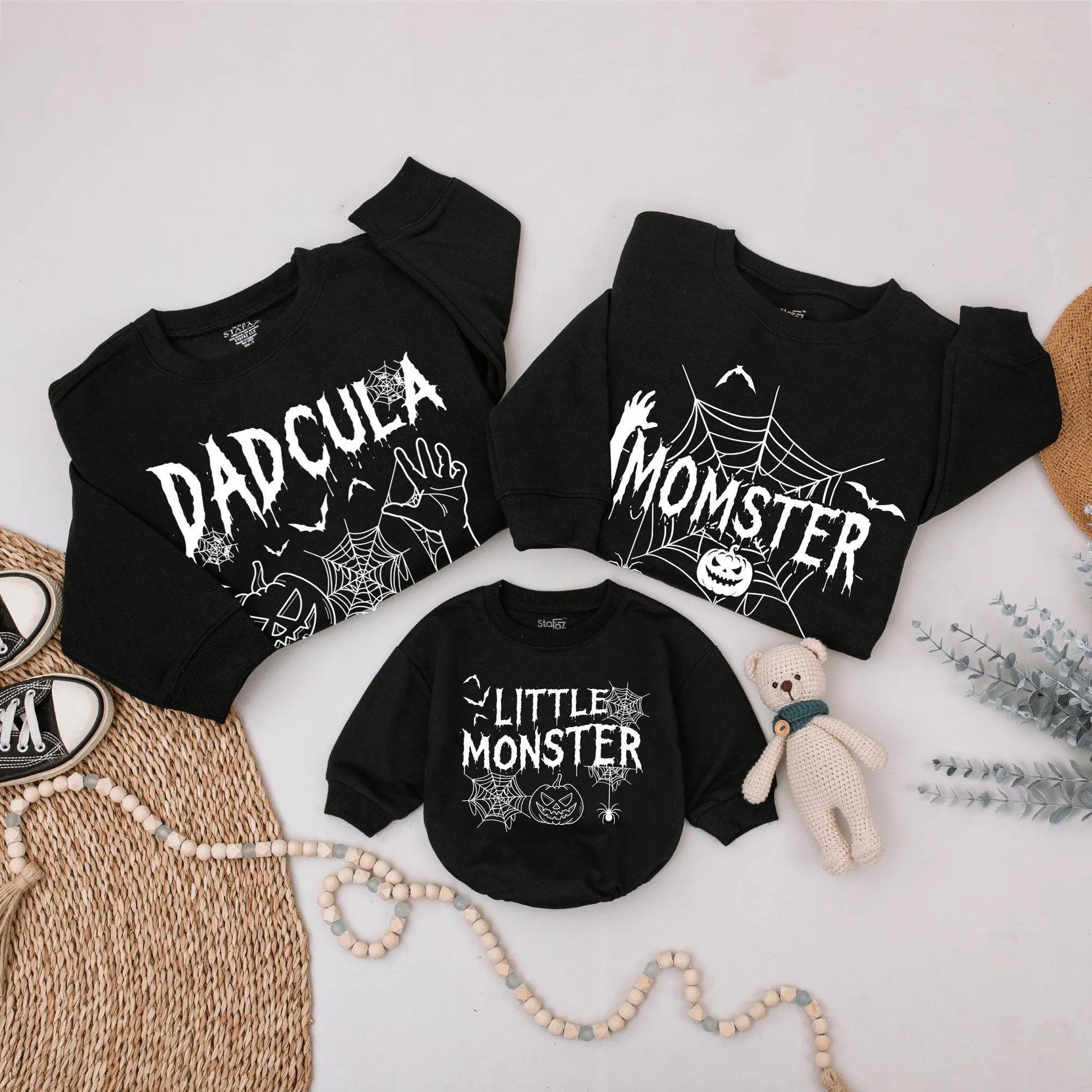 Dadcula Momster Little Monster Halloween Family Matching Sweatshirts and Little Boo Romper for Spooky Season Pumpkin Patch Parties