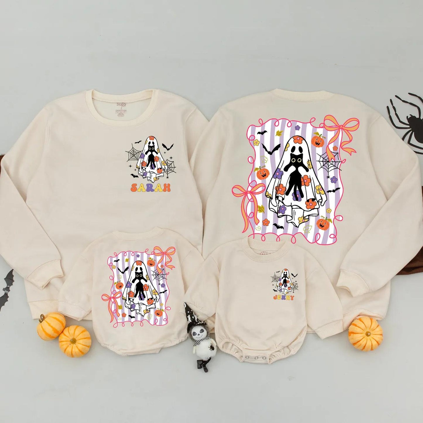 Cute Ghost Halloween Sweatshirt with Pumpkin and Bow Spooky Season Mommy and Me Matching Fall Gift