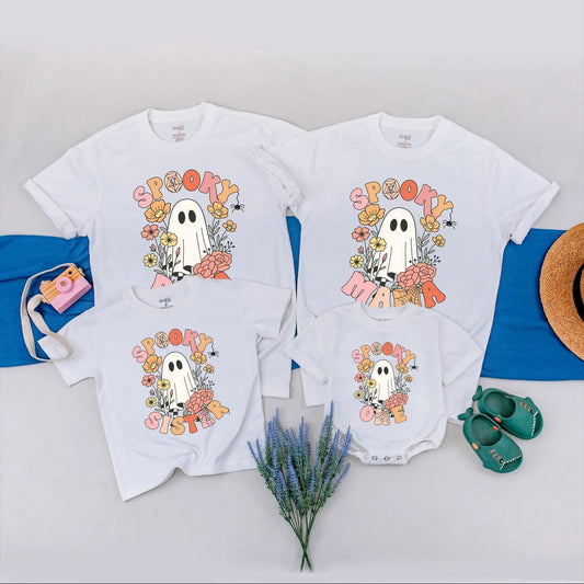 Spooky Family Matching Shirts Retro Ghost & Floral Halloween Tees, Cute Custom Outfit, Baby Romper, Family Matching, Trick or Treat