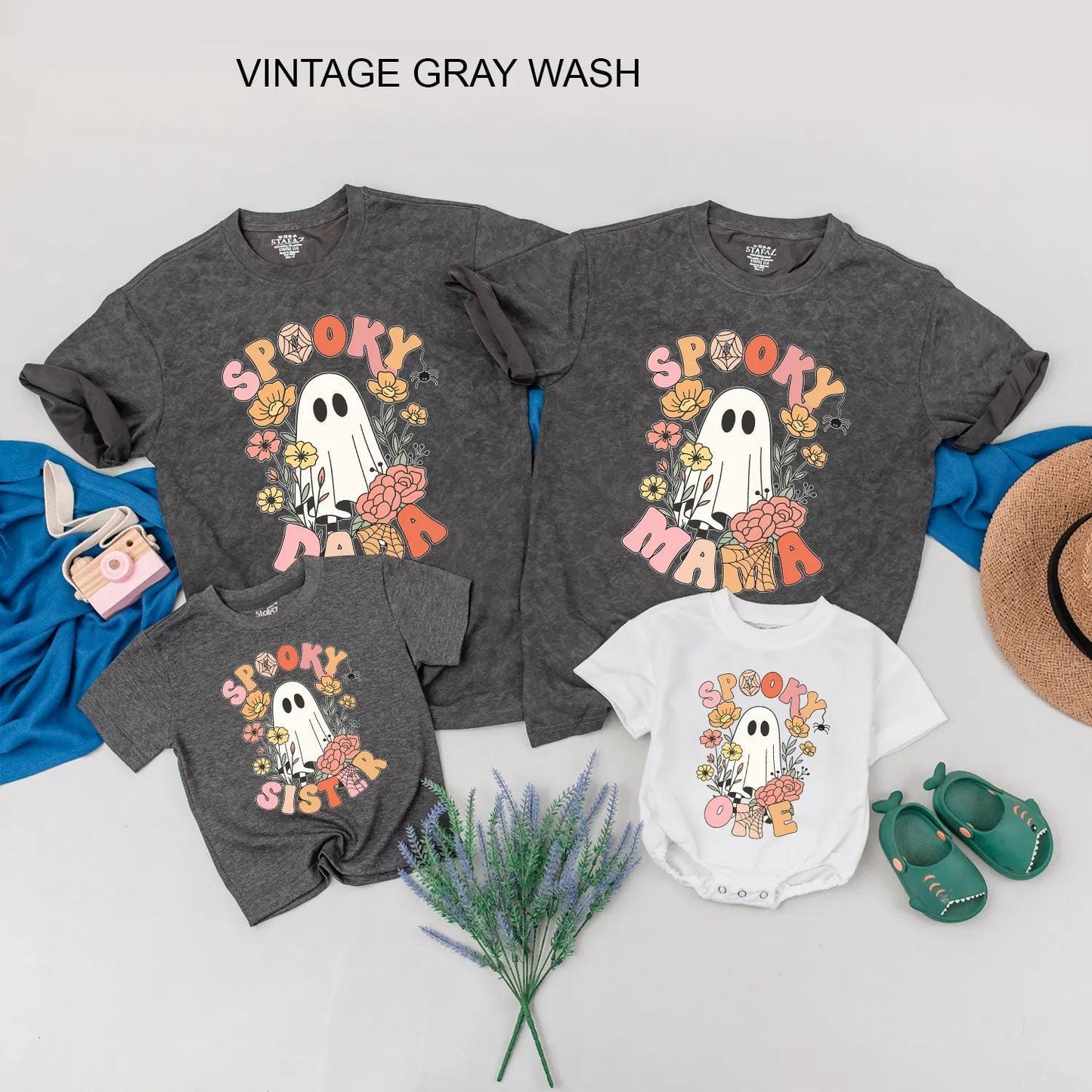 Spooky Family Matching Shirts Retro Ghost & Floral Halloween Tees, Cute Custom Outfit, Baby Romper, Family Matching, Trick or Treat