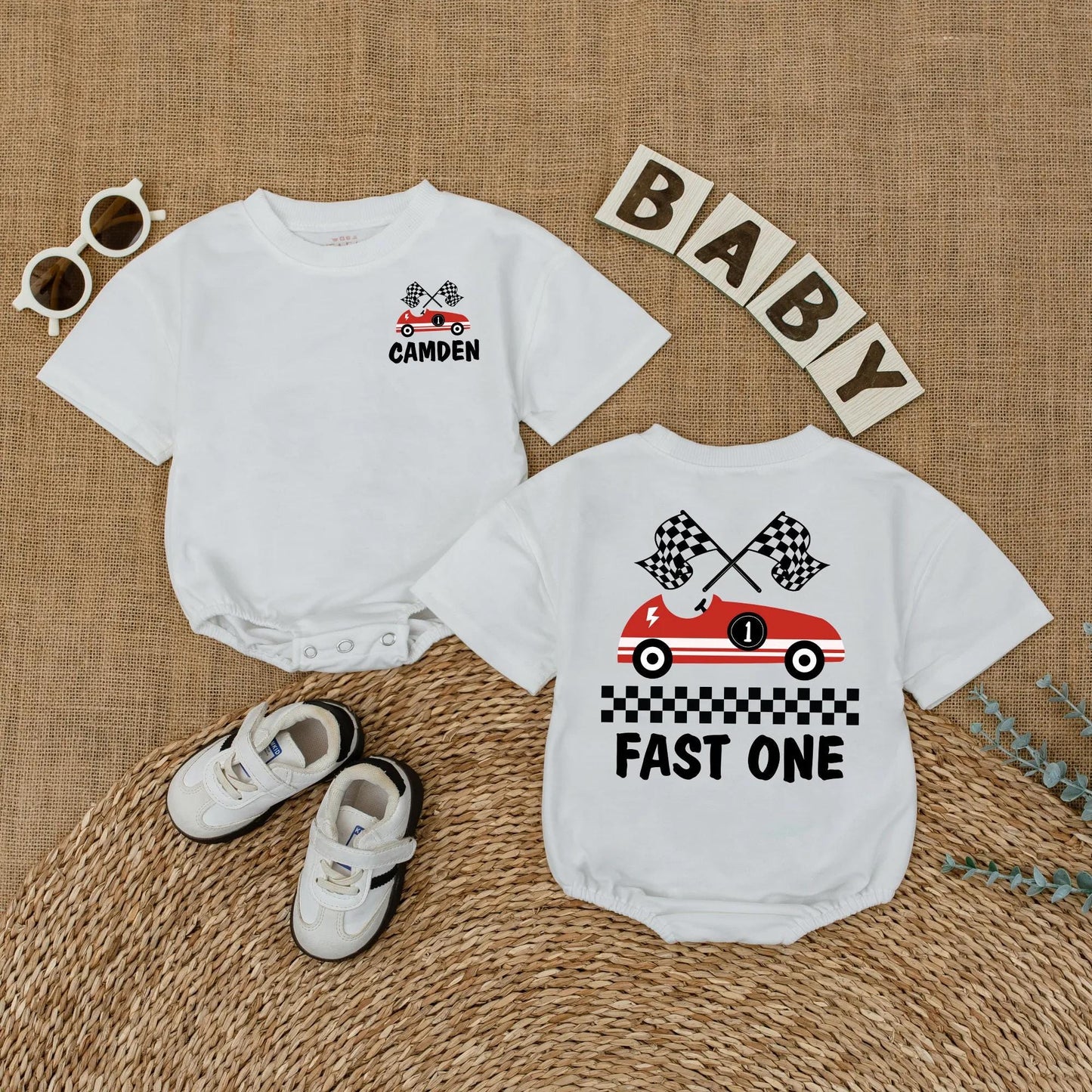 Fast One Race Car Birthday Romper for Baby Boy Custom Name Outfit First Birthday Gift Fun Red Car