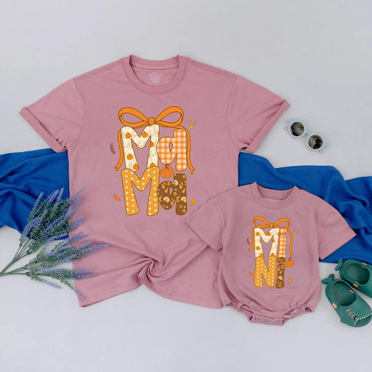 Custom Pumpkin Mama & Mini Matching Fall Shirt with Autumn Bow Design for Cozy Thanksgiving Family Outfits and Pumpkin Patch Gifts