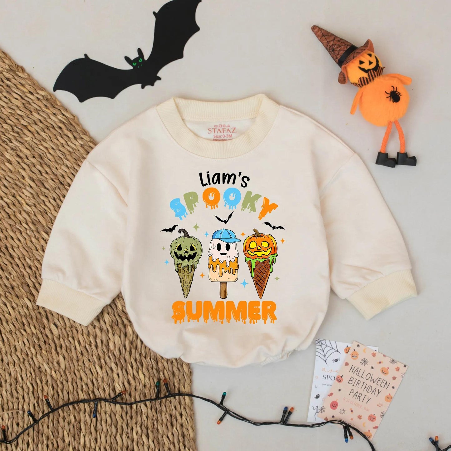 Personalized Spooky Summer Romper - Custom Name Halloween Treat Bodysuit with Ice Cream & Bats - Cartoon Baby Outfit, Sweet & Spooky, 138 chars