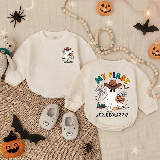 Custom 'My First Halloween' Baby Boy Romper with Ghost Cowboy! Spooky Dude Outfit, Pumpkin Bodysuit, Personalized Name, Cute Boo Costume (140 chars)