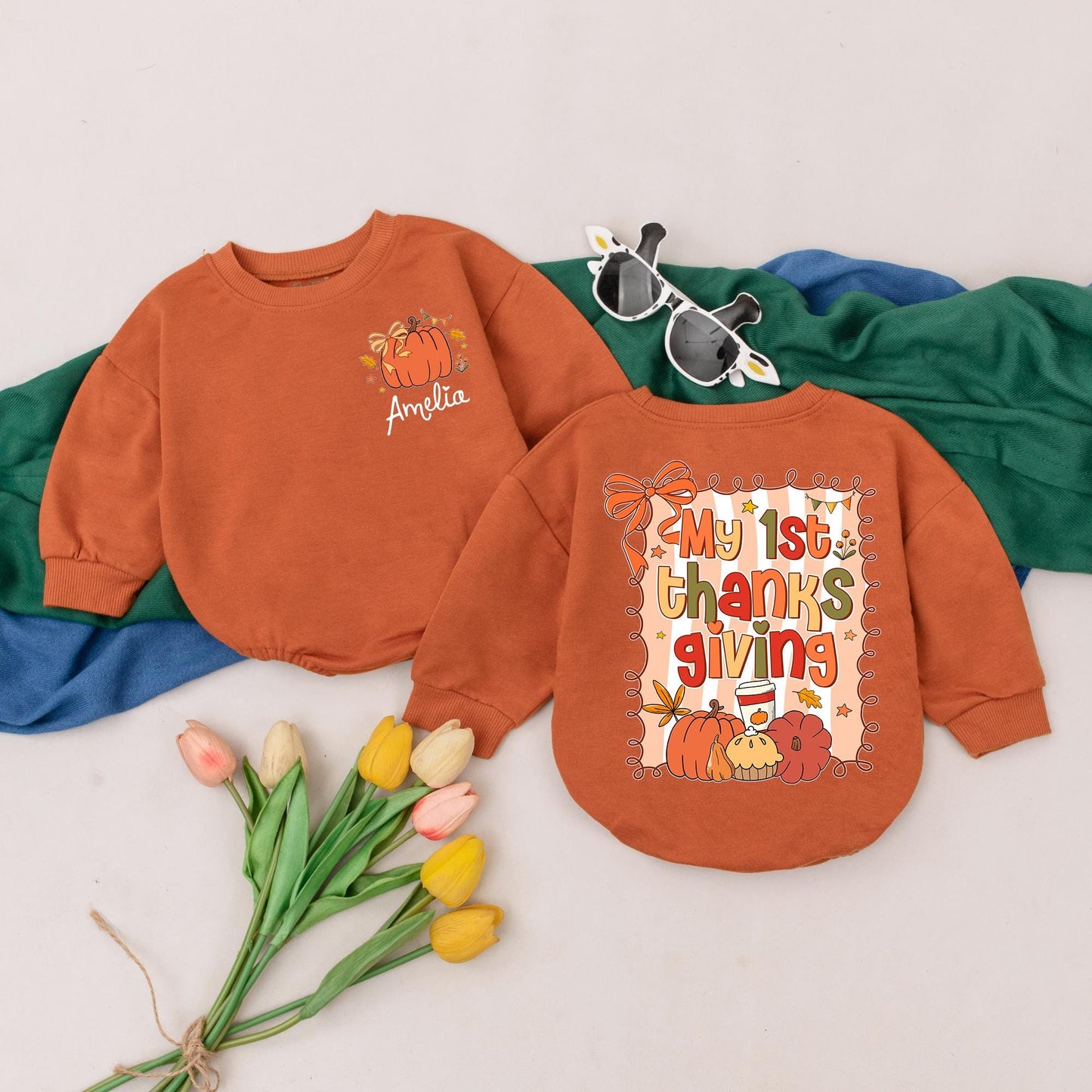 My 1st Thanksgiving Baby Romper, Fall Pumpkin Outfit with Leaves & Stars, Personalized Baby Girl Gift, Baby Shower