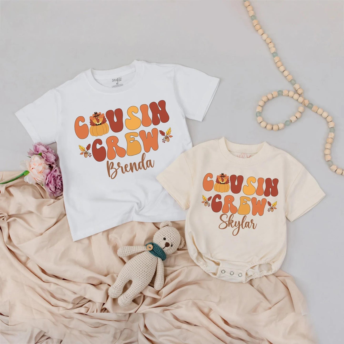 Retro Cousin Crew Thanksgiving Shirts with Pilgrim Pumpkin & Custom Names Fun Fall Family Outfits