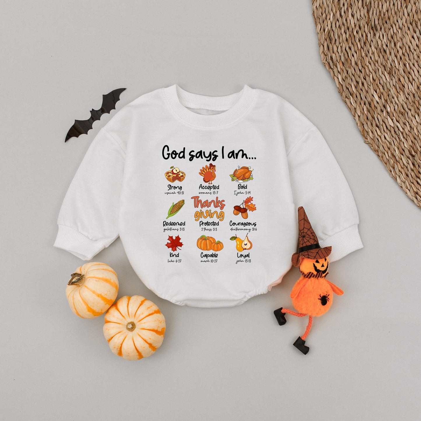 God Says I Am Thanksgiving Baby Romper, Cute Christian Babysuit, Biblical Toddler Outfit, Autumn Newborn Gift, Little Turkey, Blessed and Loyal 138