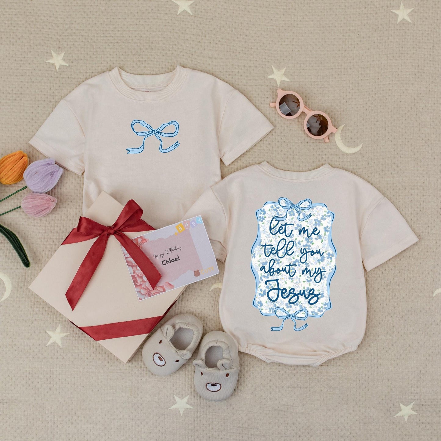Sweet Jesus Wildflower Baby Romper, Cute Christian Outfit with Blue Bow & Floral Frame, Newborn Girl Gift, Faith-Based Bubble Romper, Soft Cotton, 138 chars