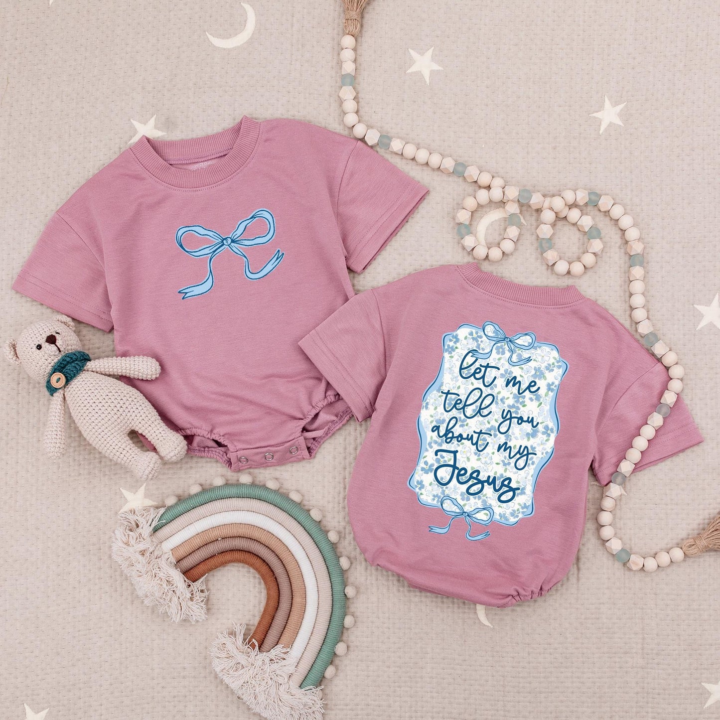 Sweet Jesus Wildflower Baby Romper, Cute Christian Outfit with Blue Bow & Floral Frame, Newborn Girl Gift, Faith-Based Bubble Romper, Soft Cotton, 138 chars