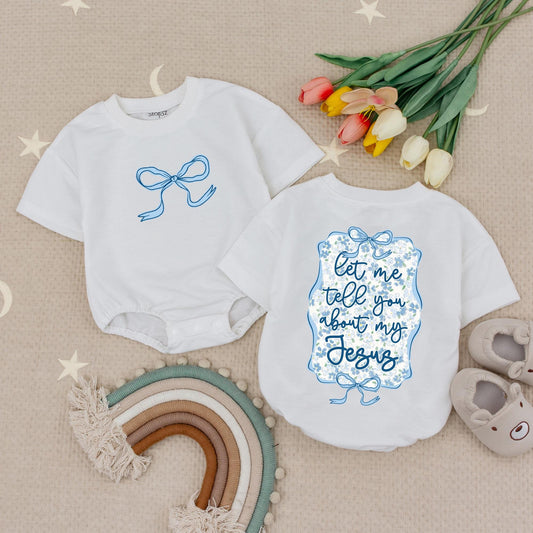 Sweet Jesus Wildflower Baby Romper, Cute Christian Outfit with Blue Bow & Floral Frame, Newborn Girl Gift, Faith-Based Bubble Romper, Soft Cotton, 138 chars