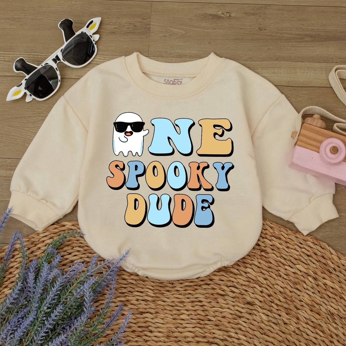One Spooky Dude 1st Birthday Halloween Outfit Baby Boy Sweatshirt Romper Retro Ghost Sunglasses Design, Light Blue Orange White First Birthday Party Clothes