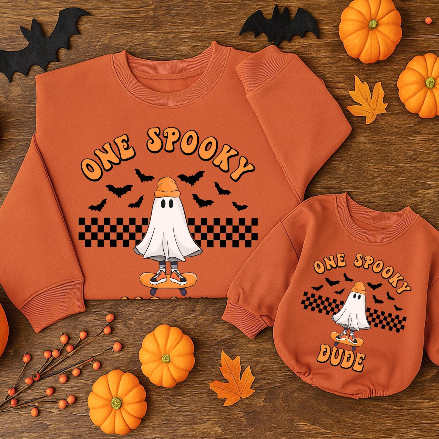 One Spooky Dude Birthday Sweater: Halloween Ghost Skateboard, Checkered Baby Boy Outfit, Matching Family Halloween Sweatshirt, Spooky First Birthday