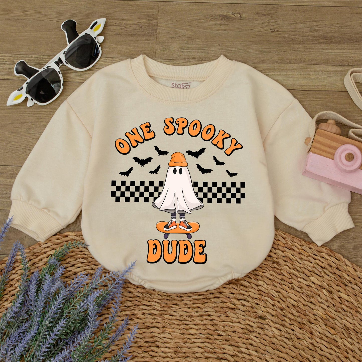 One Spooky Dude Birthday Sweater: Halloween Ghost Skateboard, Checkered Baby Boy Outfit, Matching Family Halloween Sweatshirt, Spooky First Birthday