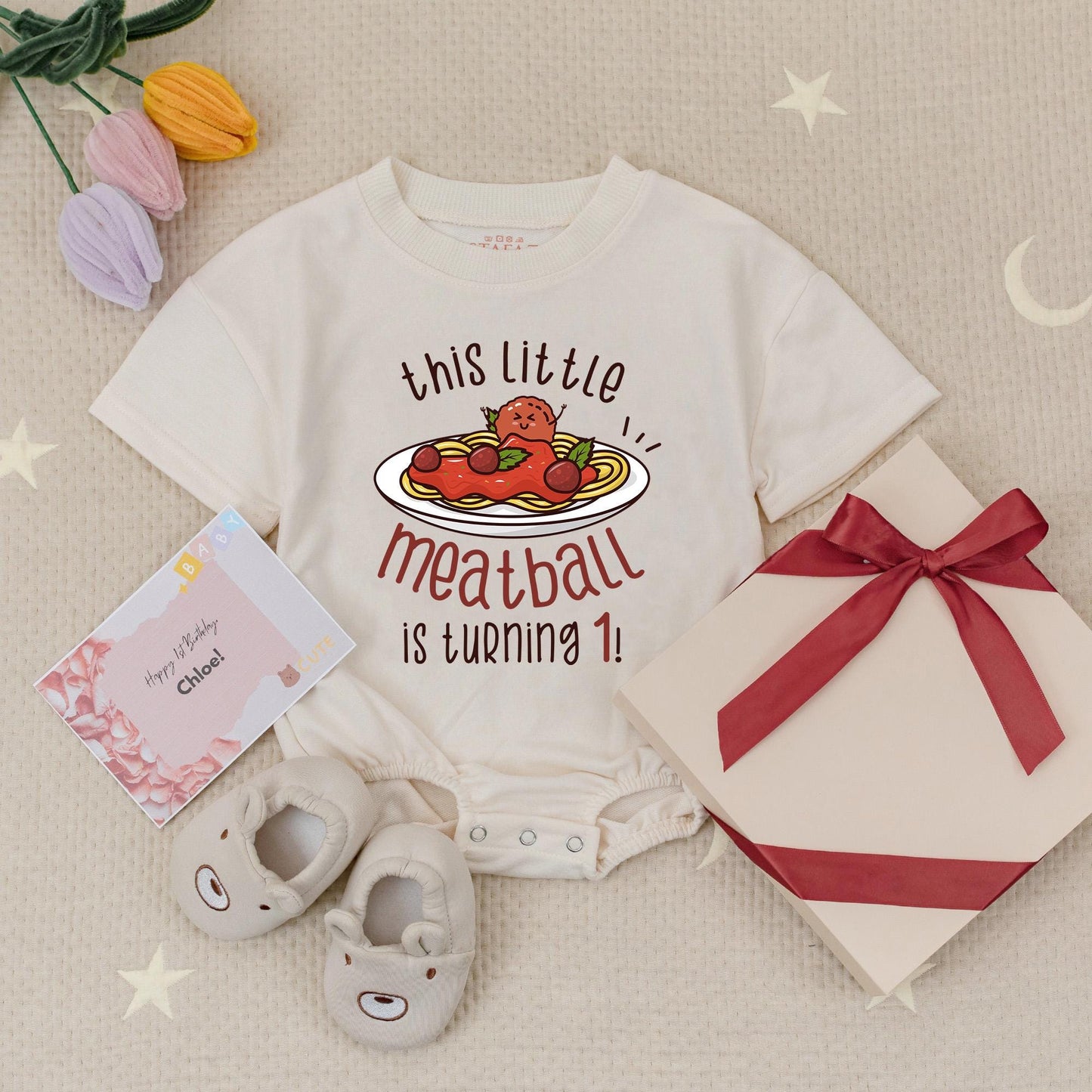 Cute Cartoon Spaghetti Meatball First Birthday Bubble Romper "This Little Meatball is Turning One" Italian Custom Red Yellow Baby Outfit