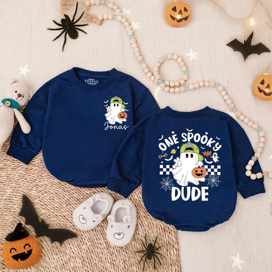 Customized One Spooky Dude Bubble Romper Baby Boy First Halloween Outfit Toddler Spooky Costume Black White Checkered Spiderweb Ghost Pumpkin