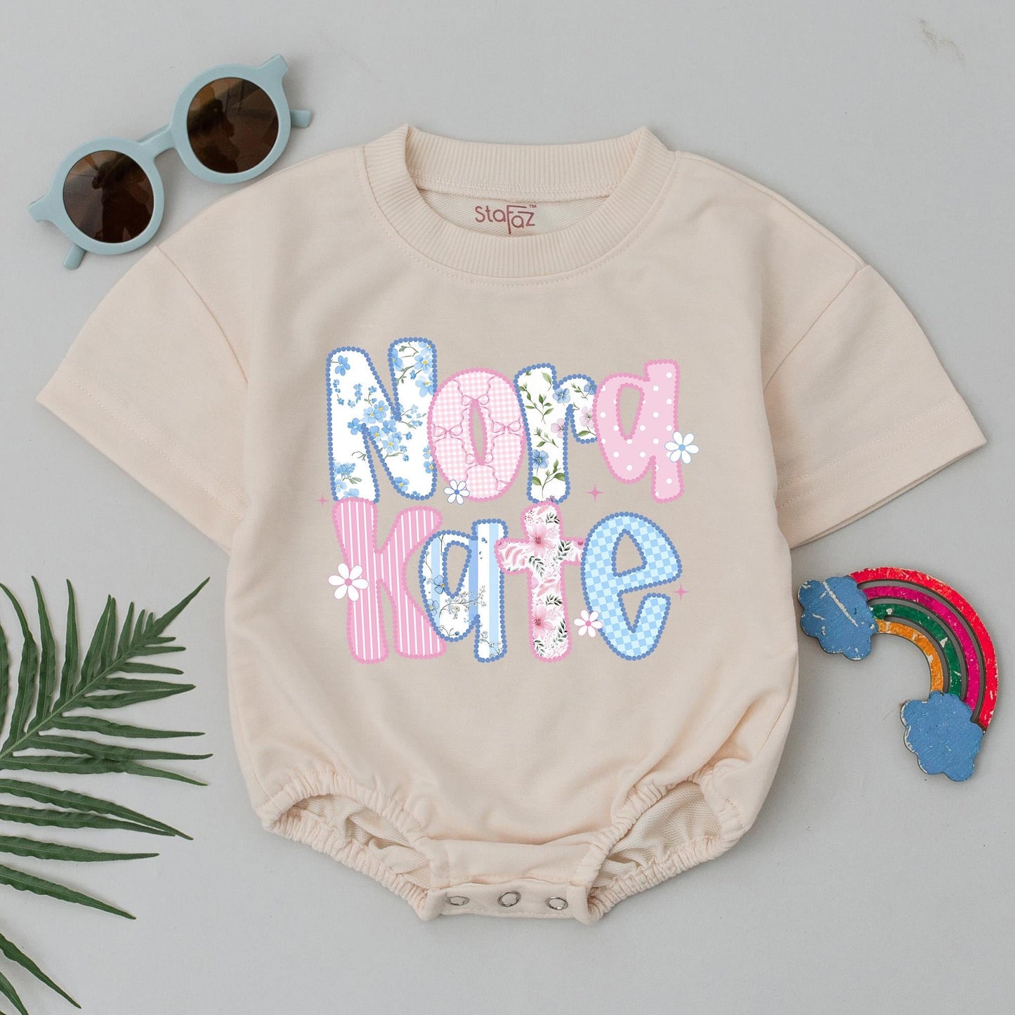 Nora Kate Patchwork Name Baby Romper, Floral Summer Bodysuit, Cute First Birthday Outfit, Whimsical Custom Baby Girl Clothes Shower Gift Idea 139