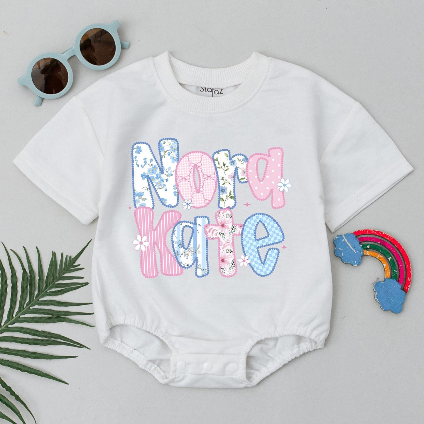 Nora Kate Patchwork Name Baby Romper, Floral Summer Bodysuit, Cute First Birthday Outfit, Whimsical Custom Baby Girl Clothes Shower Gift Idea 139
