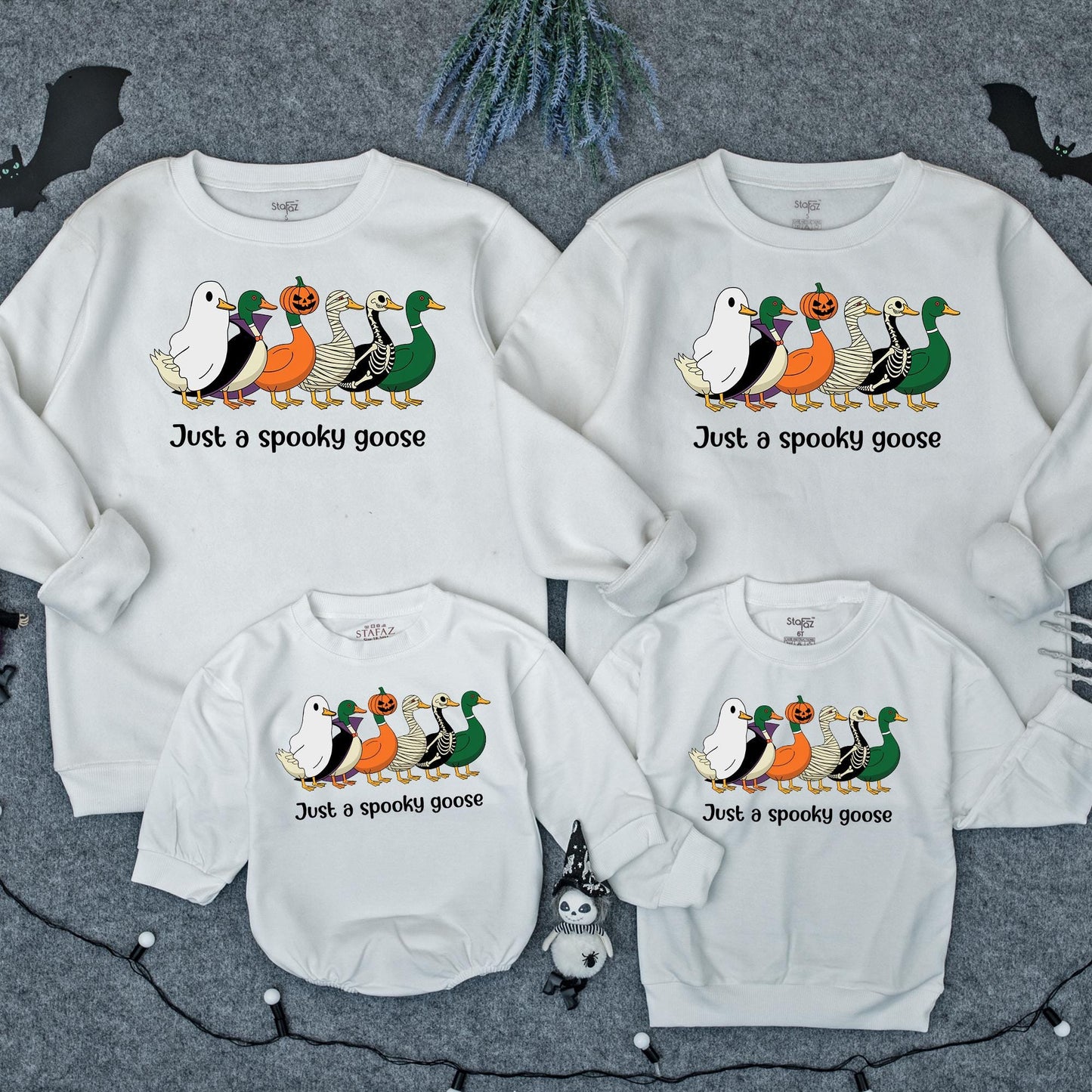 Spooky Goose Halloween Baby Romper: Funny Costume Sweatshirt Outfit! Cute Ghost, Mummy, & Jack-O-Lantern Cartoon Geese for Fall, 1st Birthday Gift (139 chars)