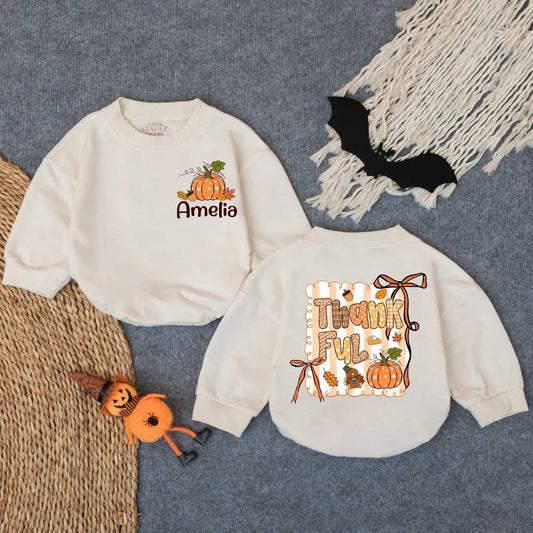 Personalized Thanksgiving Romper: "Amelia" Pumpkin Turkey, Baby's First Fall Outfit, Thankful Bodysuit with Pilgrim Turkey & Pie Slice, Autumn Colors 137