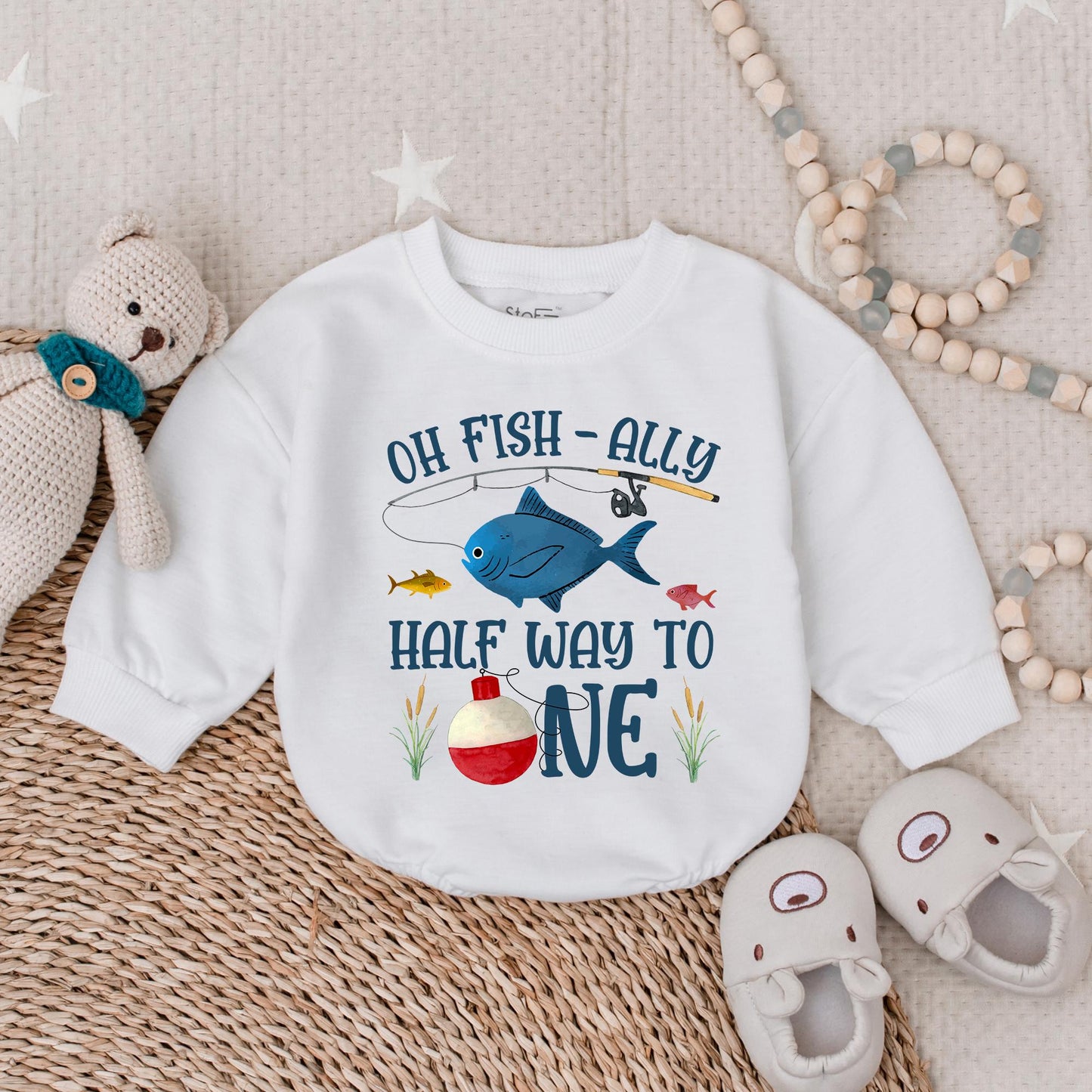 Oh Fish-Ally Half Way to One! Baby Girl Romper, Cute Ocean Fish Outfit, 6 Month Bodysuit, Playful Cartoon Sea Design, Infant Clothes, Half Birthday Gift, Soft Cotton (139 chars)