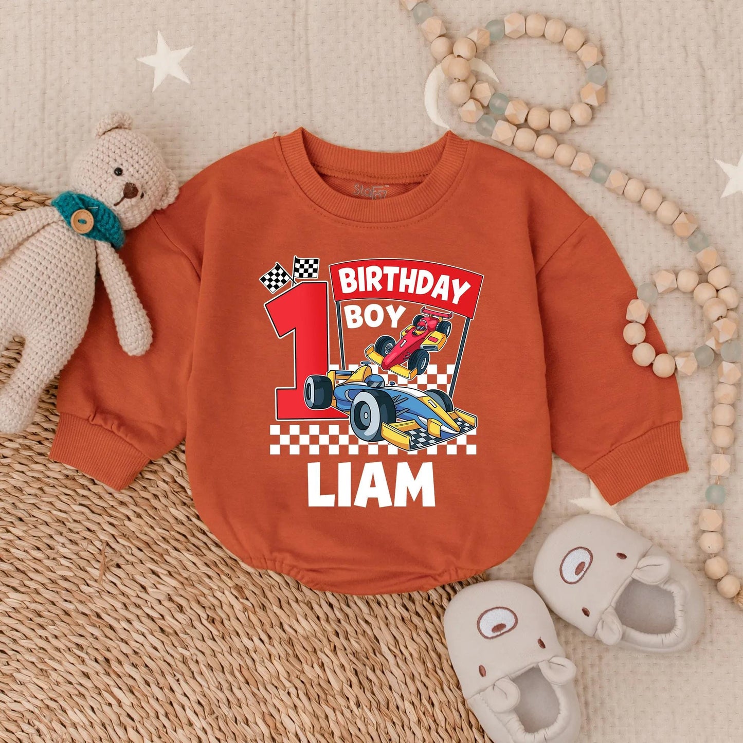 Liam's 1st Birthday Racing Romper: Custom Race Car Outfit for Birthday Boy, Checkered Flag Bodysuit, Colorful First Birthday Party Clothes (138 chars)