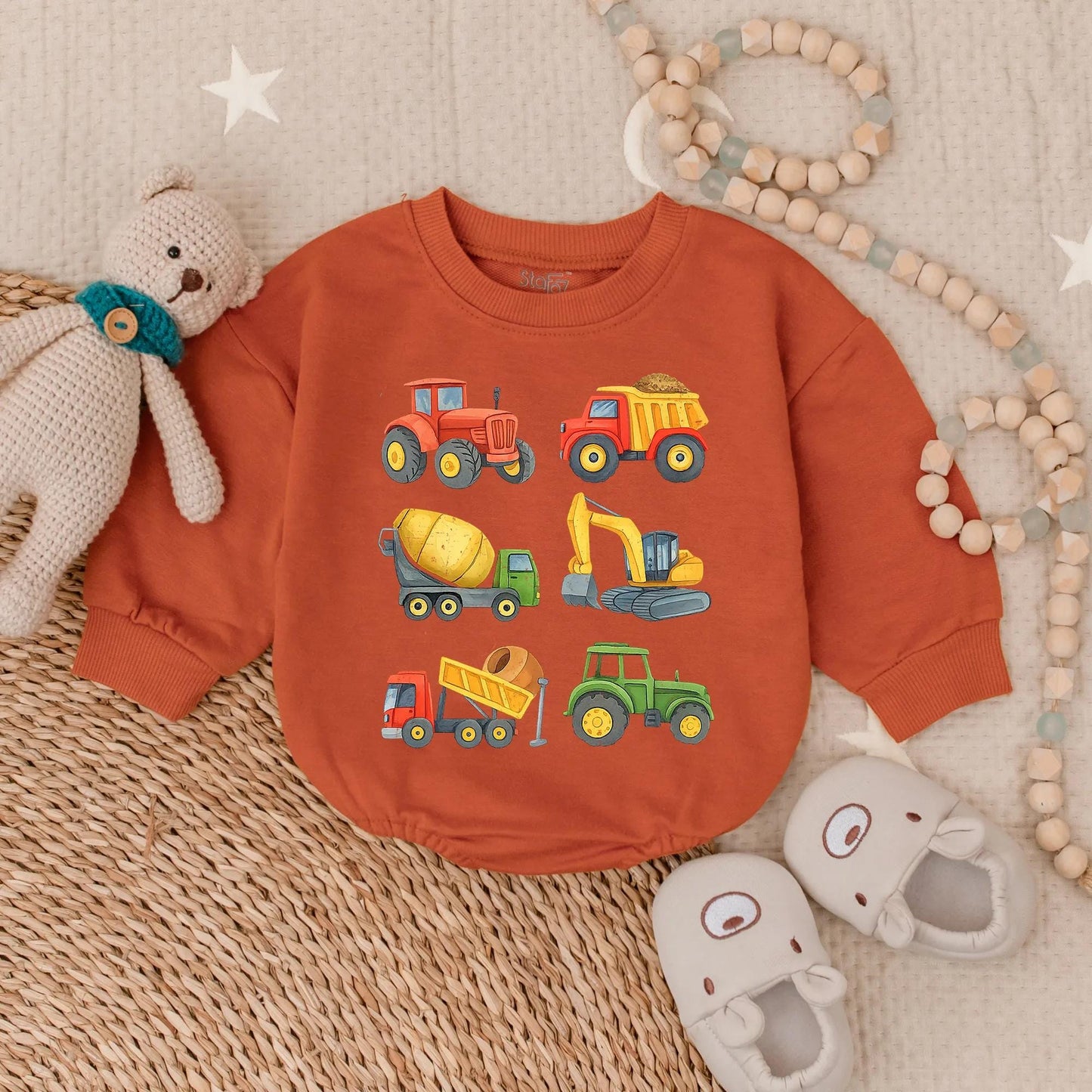 Construction Vehicle Baby Romper Toddler Boy Bubble Outfit Excavator Lover Gift Bright Cartoon Style