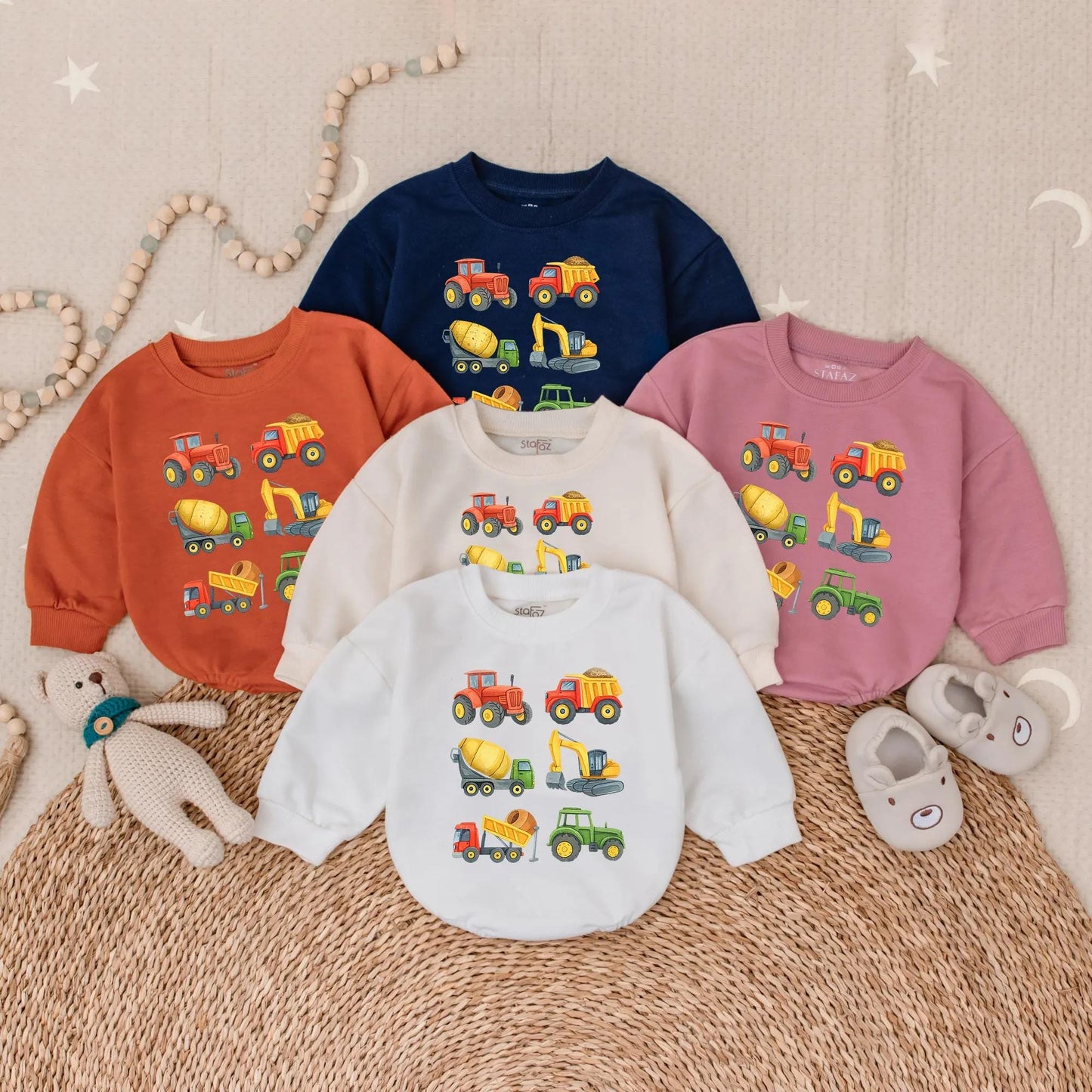 Construction Vehicle Baby Romper Toddler Boy Bubble Outfit Excavator Lover Gift Bright Cartoon Style