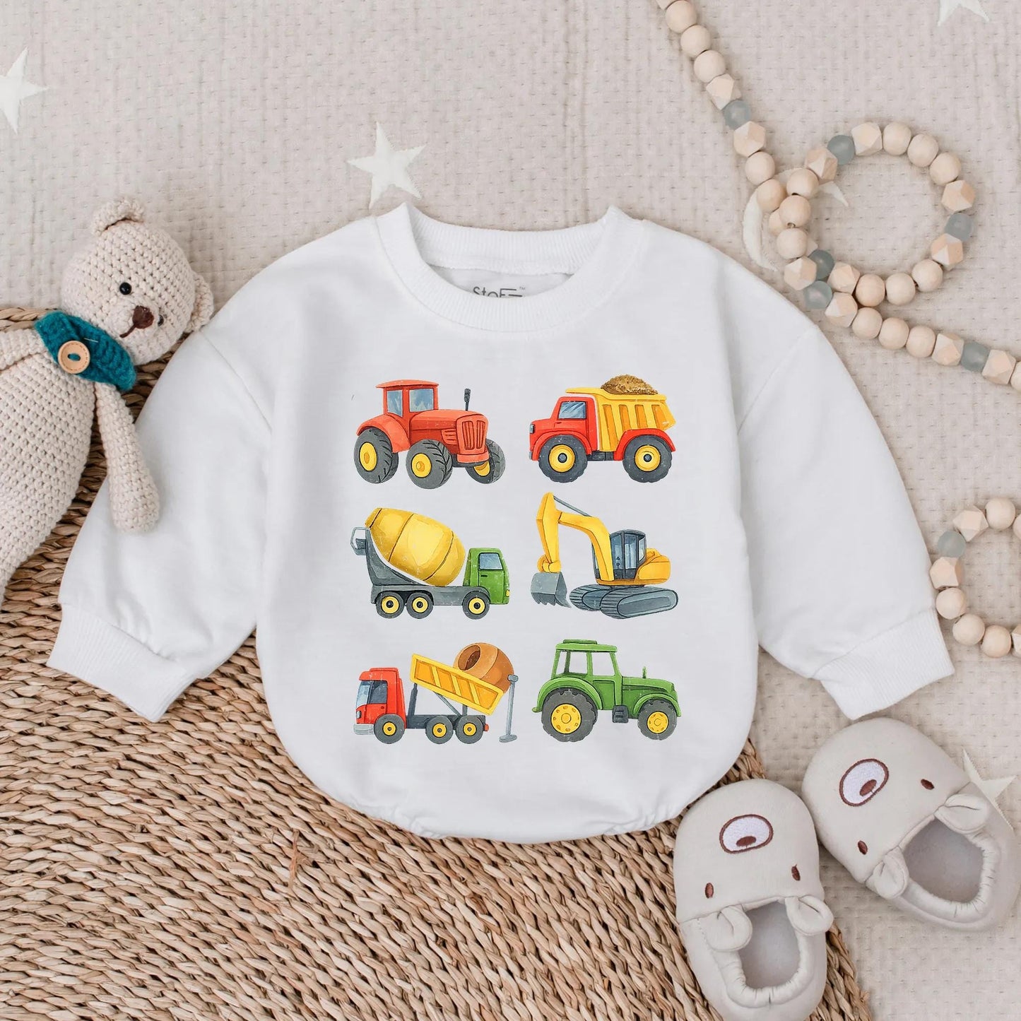 Construction Vehicle Baby Romper Toddler Boy Bubble Outfit Excavator Lover Gift Bright Cartoon Style
