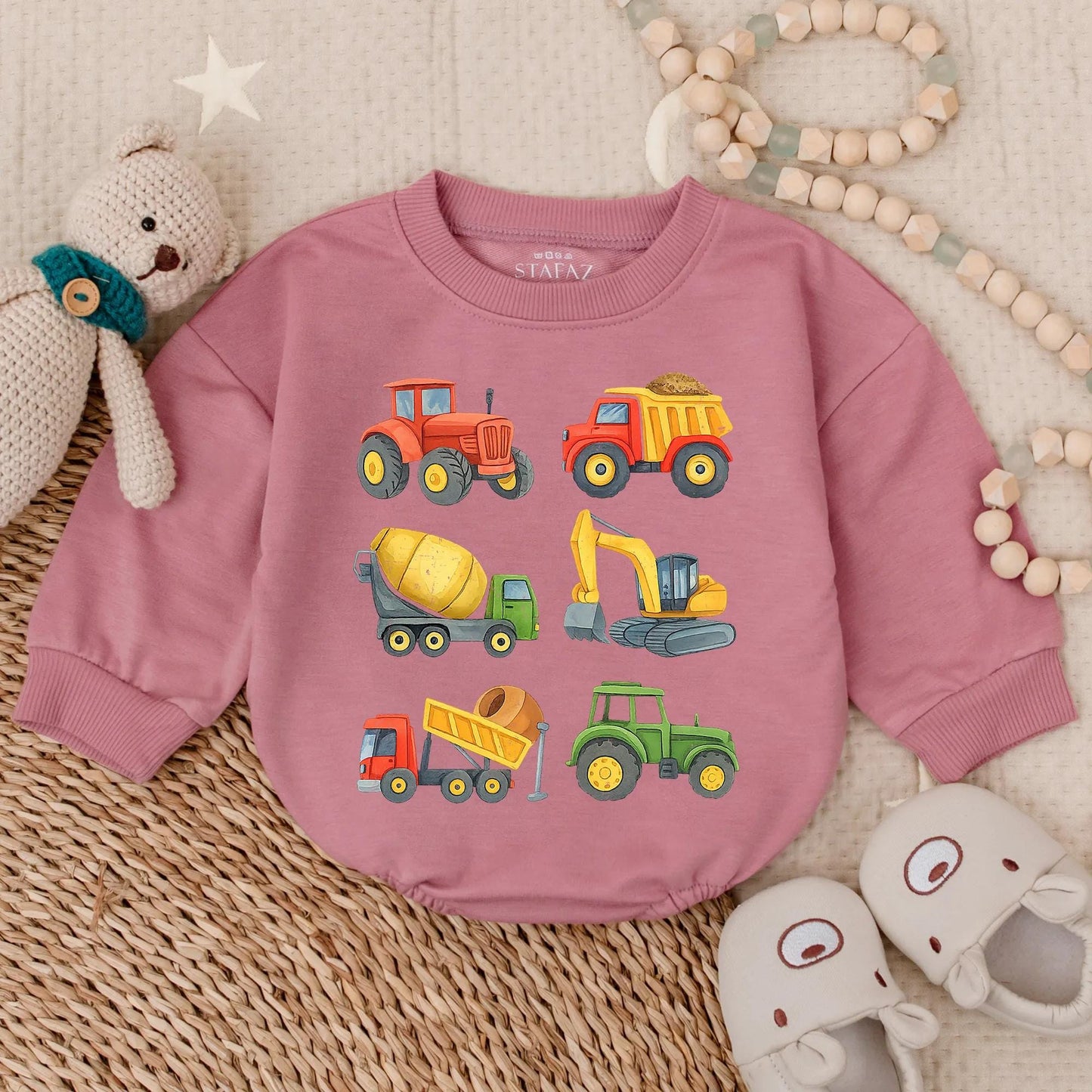 Construction Vehicle Baby Romper Toddler Boy Bubble Outfit Excavator Lover Gift Bright Cartoon Style