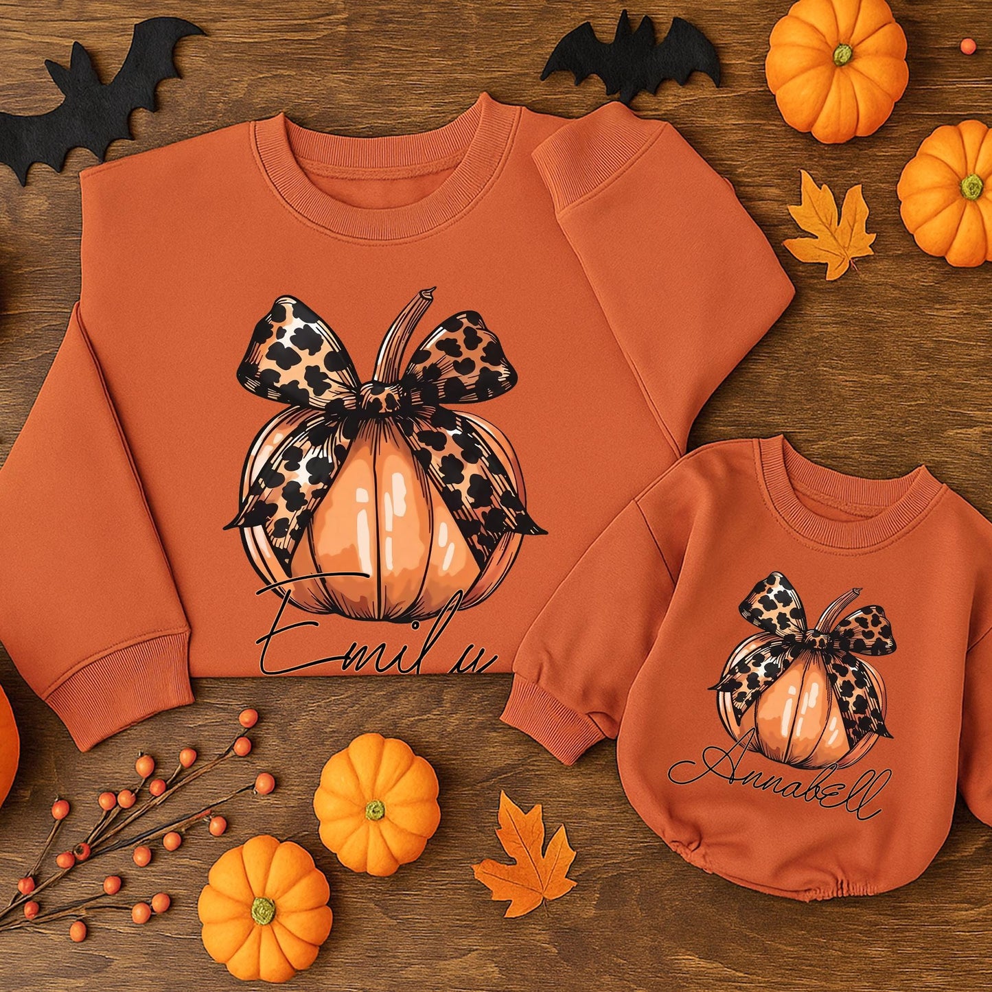 Personalized Leopard Bow Pumpkin Romper, Baby Girl Fall Outfit, Custom Name Thanksgiving Outfit, Cute Toddler Pumpkin Patch Outfit, Autumn Sweatshirt
