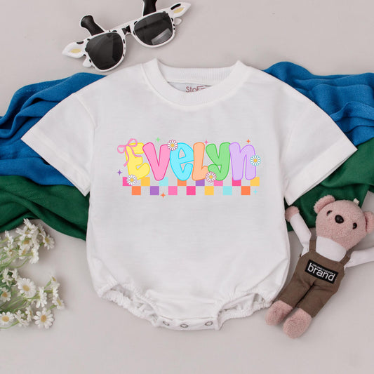 Evelyn's Rainbow Bubble Romper: Personalized Baby Girl Outfit, Colorful Checkered Bodysuit, First Birthday Clothes, Baby Shower Gift (138 chars)