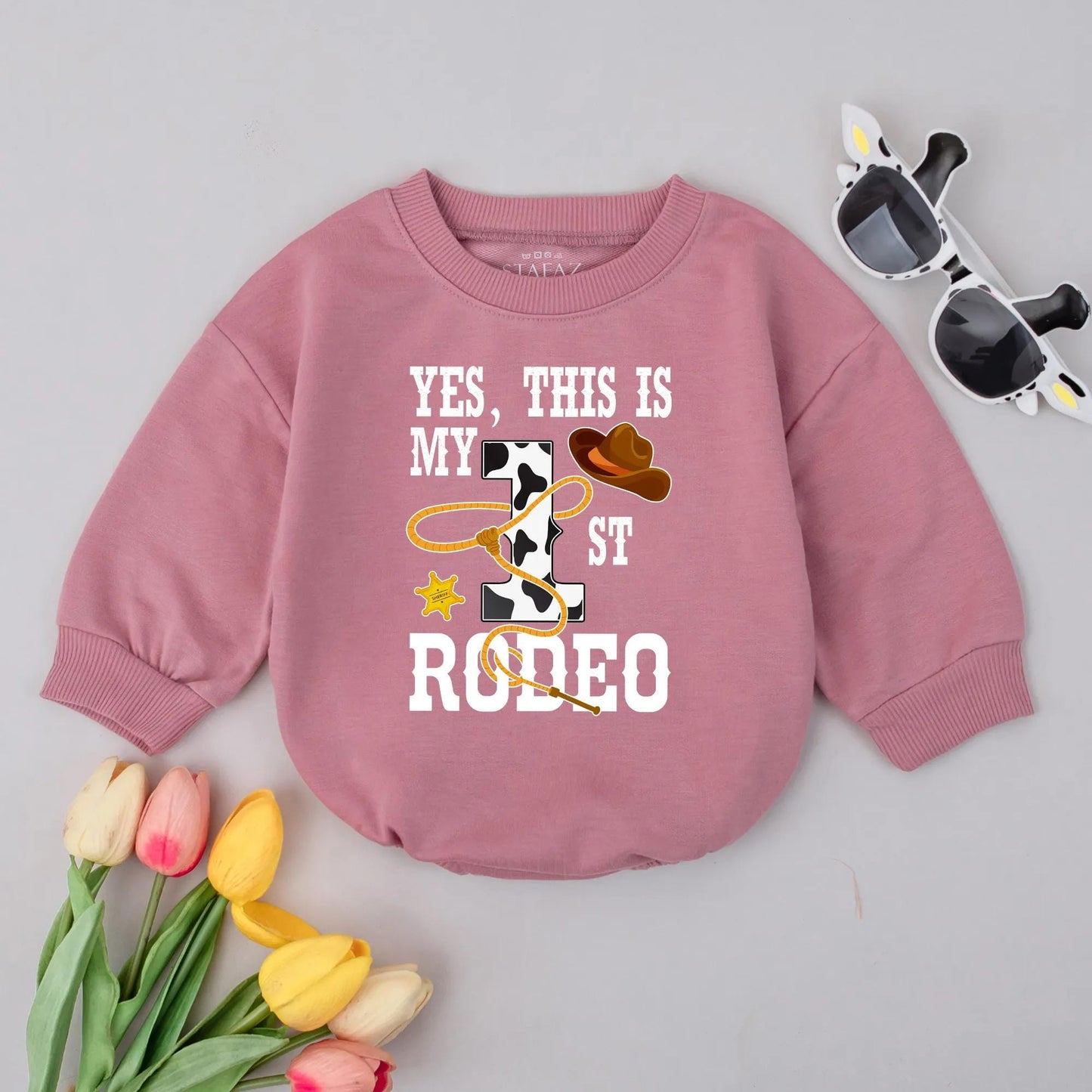 1st Rodeo Baby Boy Romper: Cowboy Birthday Outfit with Cow Print '1' & Lasso Design | Western Theme Bodysuit, First Birthday Gift