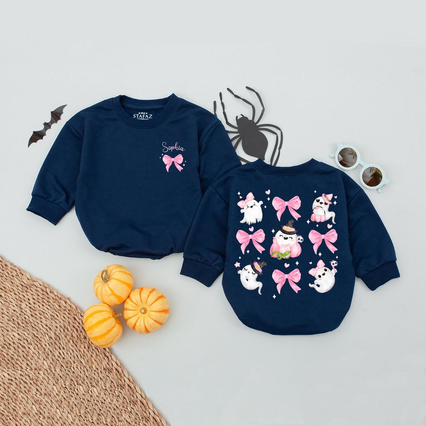 Adorable Ghost Halloween Romper Personalized with Pink Bows & Witch Hats for Baby Girls - Whimsical Spooky Season Outfit