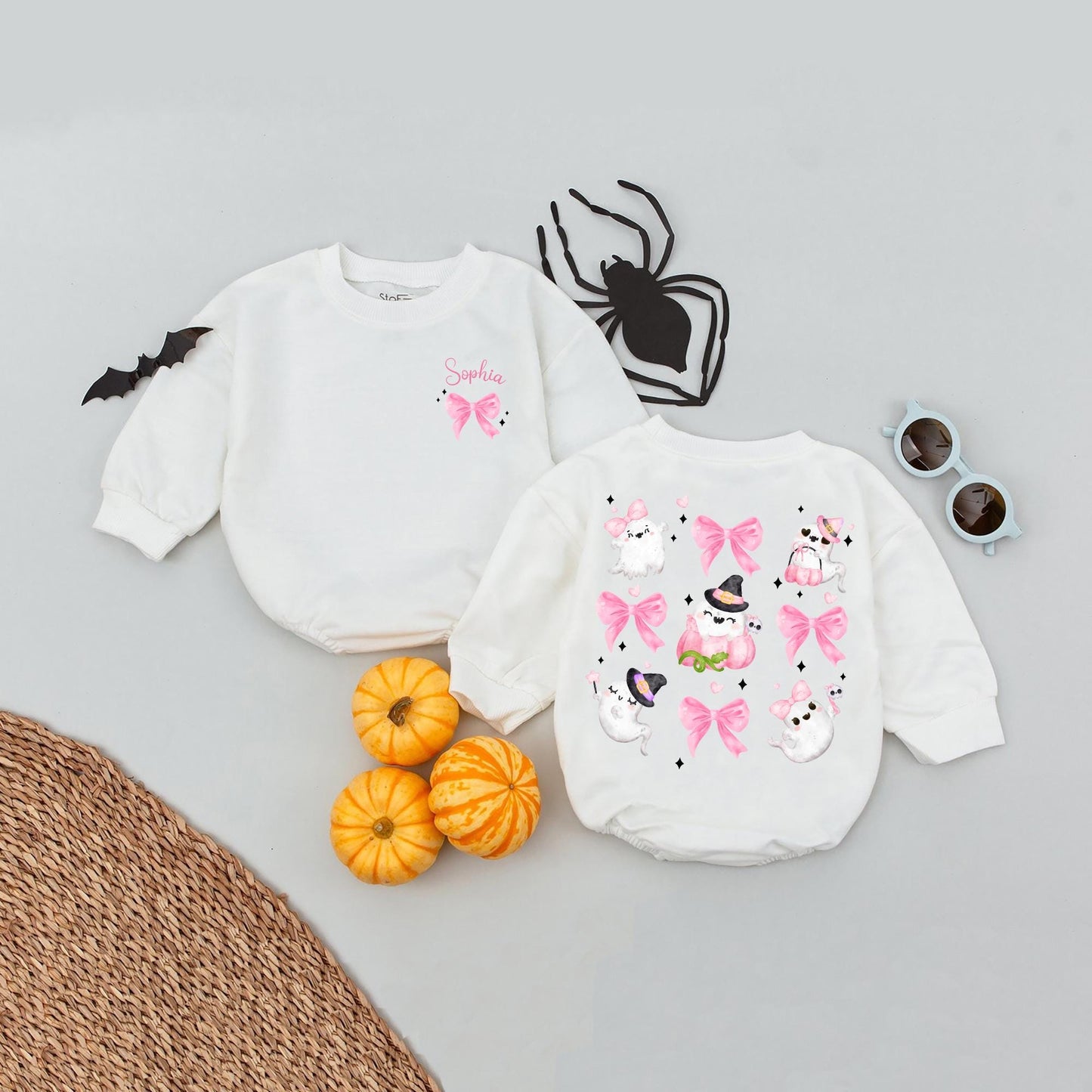 Adorable Ghost Halloween Romper Personalized with Pink Bows & Witch Hats for Baby Girls - Whimsical Spooky Season Outfit