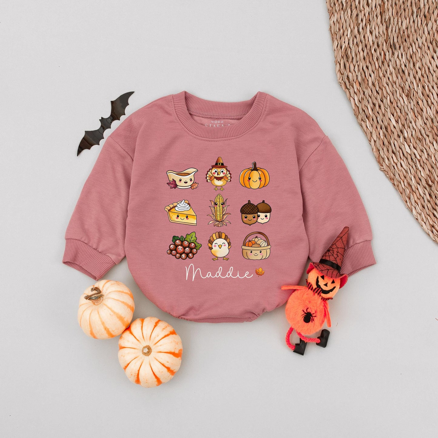 Custom Maddie's First Thanksgiving Baby Bubble Romper Cute Pumpkin Patch Outfit, Personalized Fall Harvest Bodysuit Autumn Newborn Gift, 130-140 chars