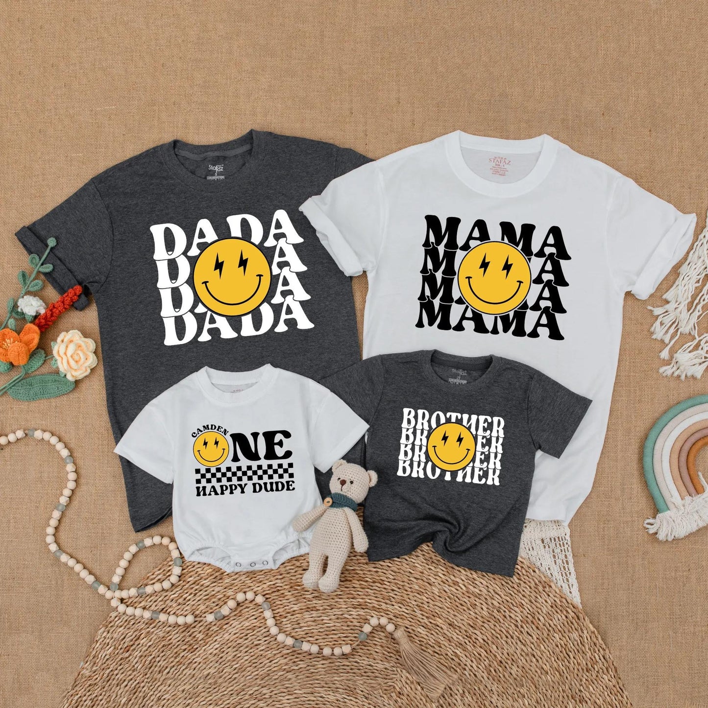 One Happy Dude 1st Birthday Outfit Matching Family Shirts Smiley Face Lightning Bolt Baby Boy Clothes Retro First Birthday Party Gift Idea 125 chars