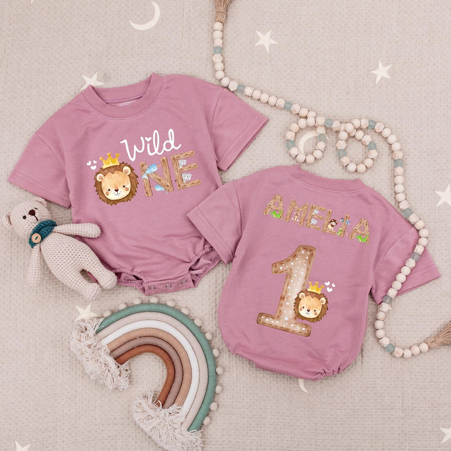 Personalized Wild One Safari Romper for Baby's 1st Birthday, Woodland Animals Theme, Custom Name Bodysuit, Cute Boy or Girl Outfit