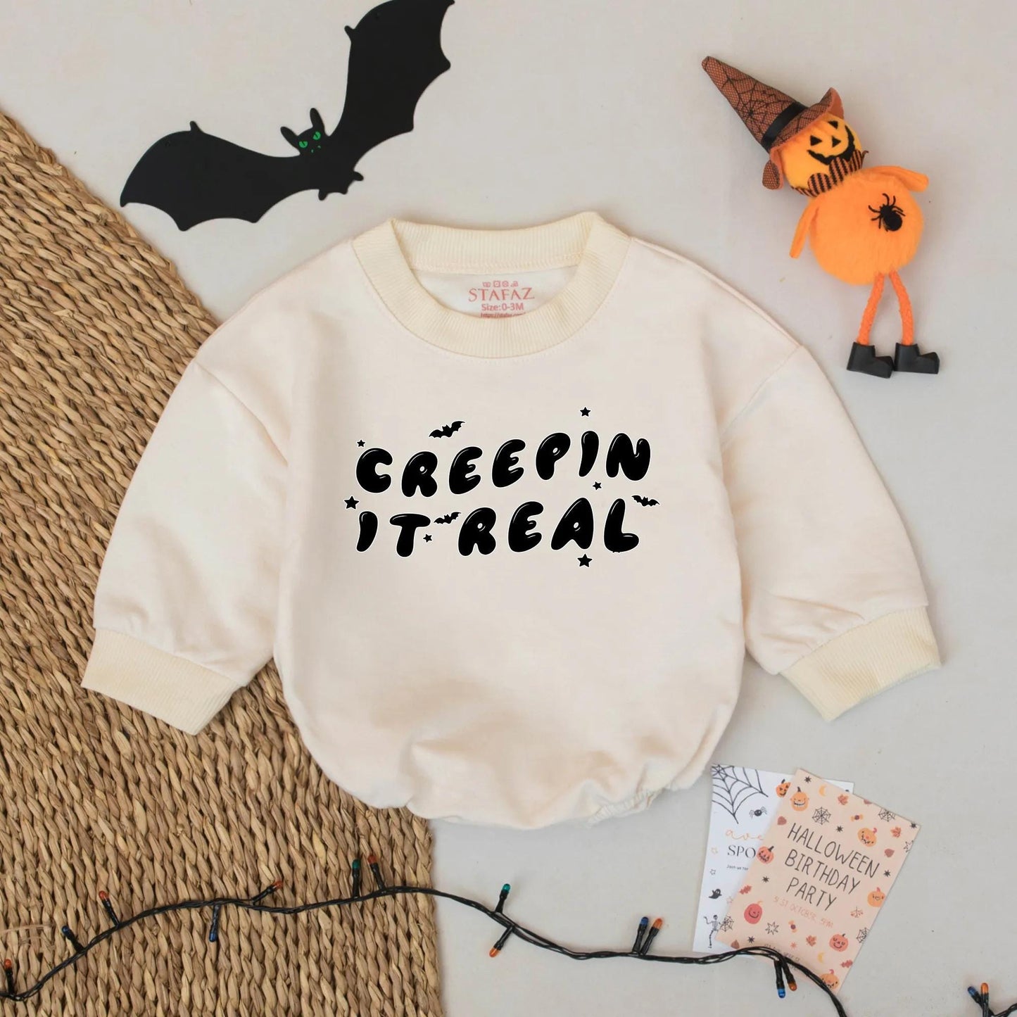 Creepin' It Real Halloween Baby Romper - Cute Ghost Infant Bodysuit for Baby Boy Girl, Funny Fall Outfit with Stars & Bats – Whimsical Halloween Gift 139 chars