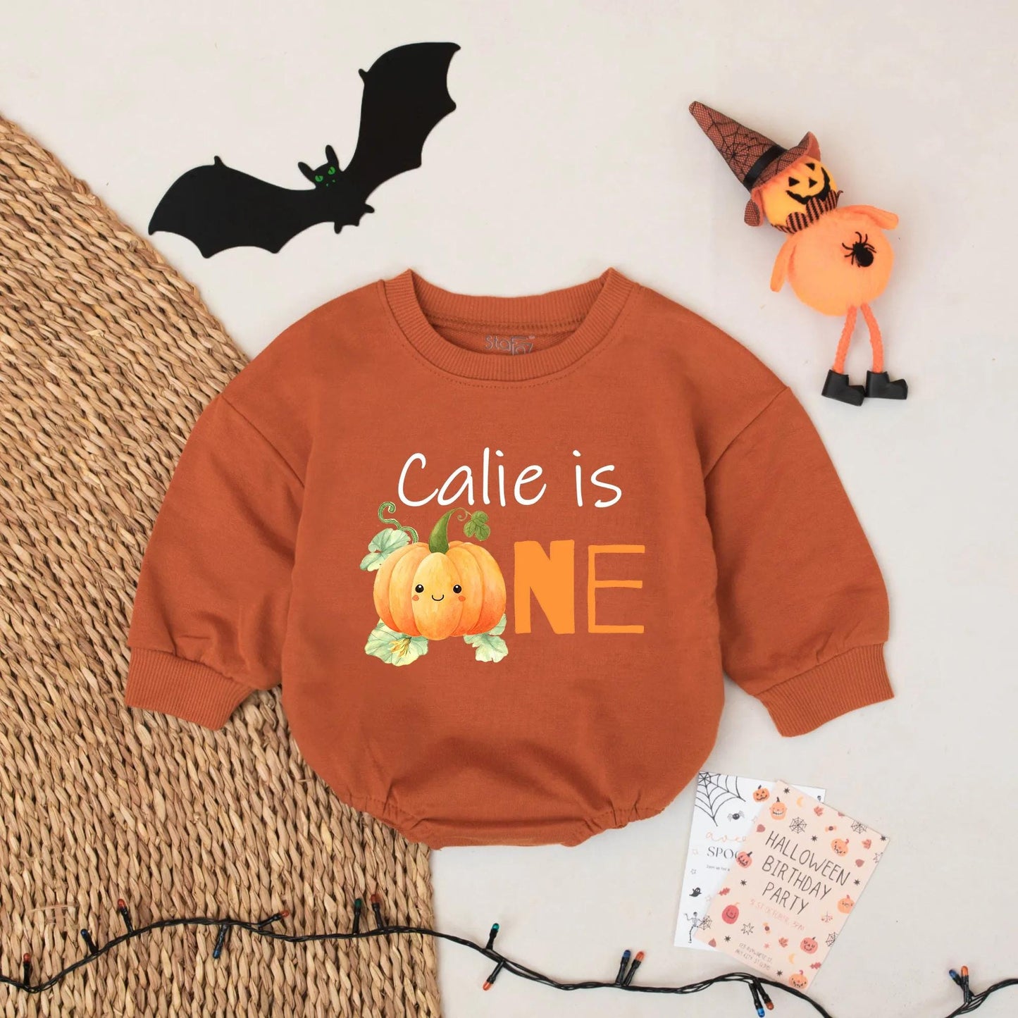 Calie is ONE Pumpkin First Birthday Romper Cute Watercolor Fall Baby Girl Outfit Custom Name Gift