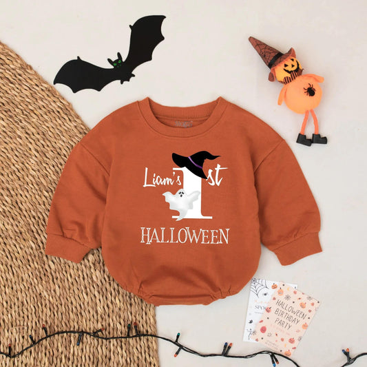 Liam's 1st Halloween Baby Romper Cute Ghost Witch Hat Orange & Black Script Design Baby's First Fall Outfit