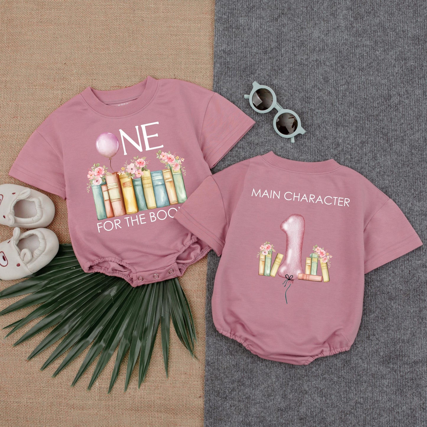 One for the Books First Birthday Romper Baby Girl Outfit Pink Flowers Balloon Book Theme Personalized Name Gift Toddler Party Clothes